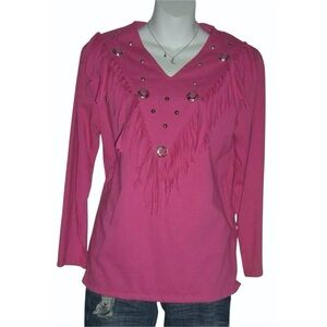 Sas'sa Blouse Vintage 80's Fringe Conche Western Boho Southwestern Cowgirl Pink